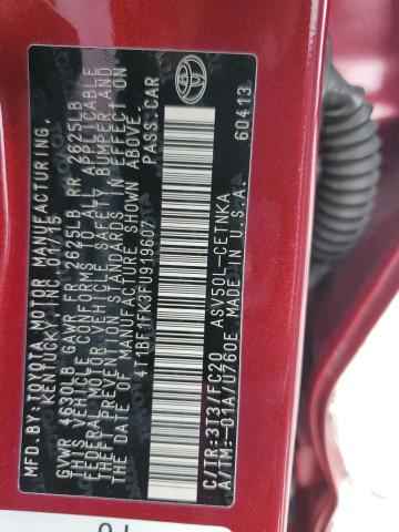 4T1BF1FK3FU919607 - 2015 TOYOTA CAMRY LE 红色 照片 12