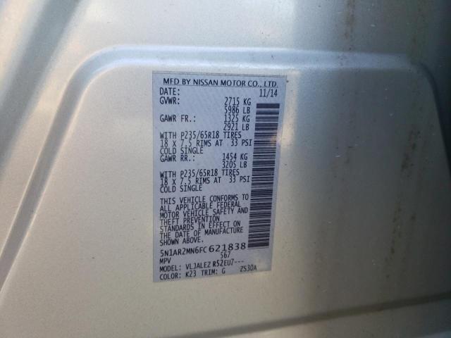 5N1AR2MN6FC621838 - 2015 NISSAN PATHFINDER S SILVER photo 14