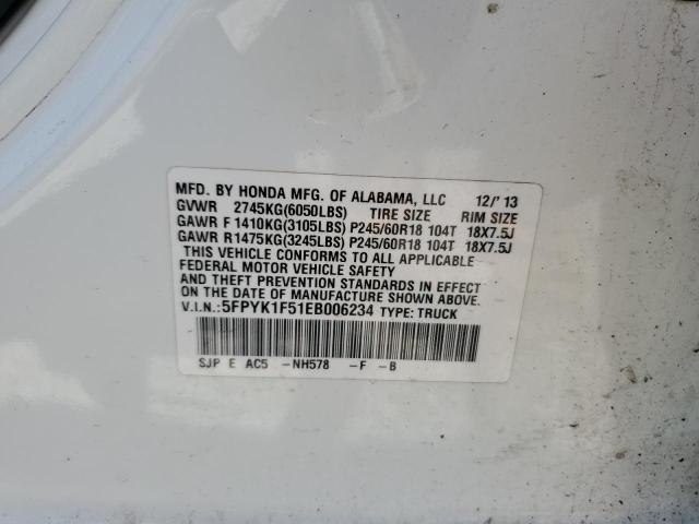 5FPYK1F51EB006234 - 2014 HONDA RIDGELINE RTL WHITE photo 13