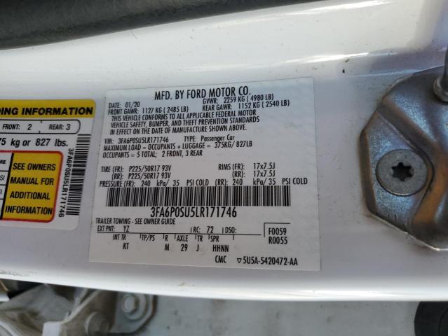 3FA6P0SU5LR171746 - 2020 FORD FUSION TITANIUM WHITE photo 12