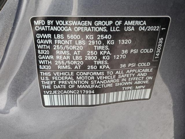 1V2JE2CA0NC217994 - 2022 VOLKSWAGEN ATLAS CROS SE GRAY photo 12