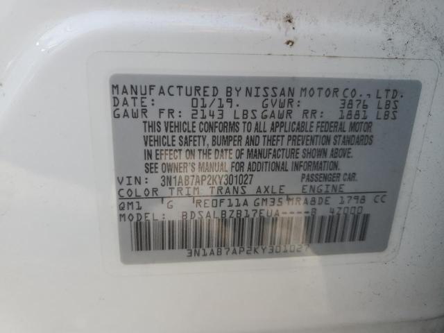 3N1AB7AP2KY301027 - 2019 NISSAN SENTRA S WHITE photo 12