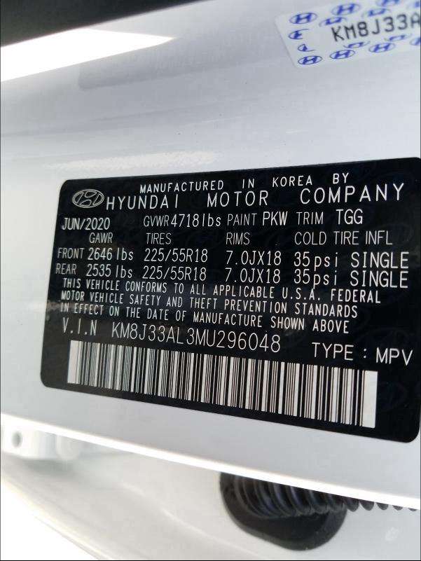 KM8J33AL3MU296048 - 2021 HYUNDAI TUCSON LIMITED WHITE photo 10