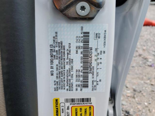 3FA6P0HD5LR242760 - 2020 FORD FUSION SE WHITE photo 12