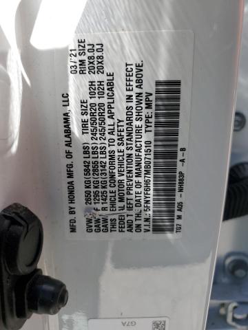 5FNYF6H67MB071510 - 2021 HONDA PILOT TOURING WHITE photo 13