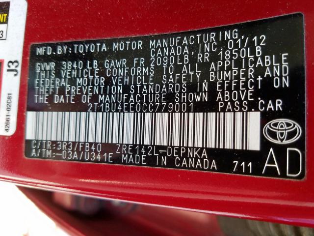 2T1BU4EE0CC779001 - 2012 TOYOTA COROLLA BASE  照片 10