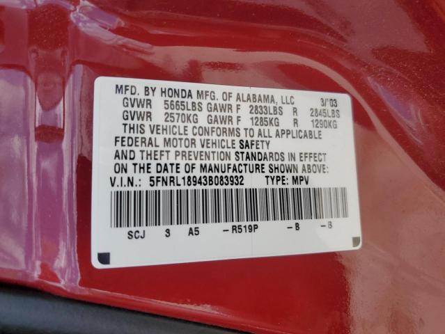 5FNRL18943B083932 - 2003 HONDA ODYSSEY EXL RED photo 13