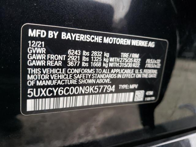 5UXCY6C00N9K57794 - 2022 BMW X6 XDRIVE40I BLACK photo 12