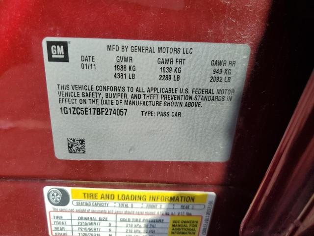 1G1ZC5E17BF274057 - 2011 CHEVROLET MALIBU 1LT RED photo 12