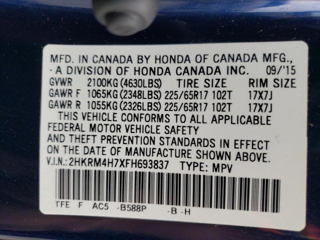 2HKRM4H7XFH693837 - 2015 HONDA CR-V EXL BLUE photo 12