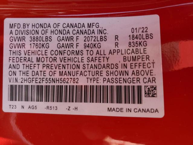 2HGFE2F55NH562782 - 2022 HONDA CIVIC SPORT 红色 照片 12