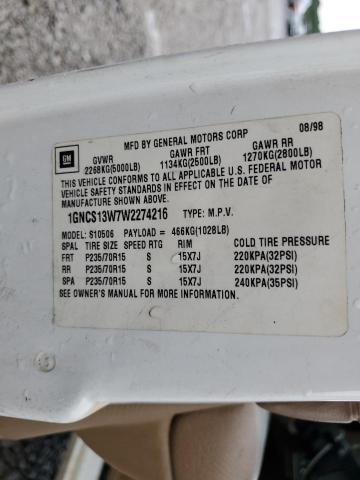 1GNCS13W7W2274216 - 1998 CHEVROLET BLAZER WHITE photo 13