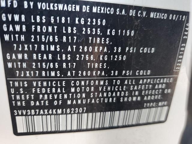 3VV3B7AX4KM162307 - 2019 VOLKSWAGEN TIGUAN SE Blanco foto 13
