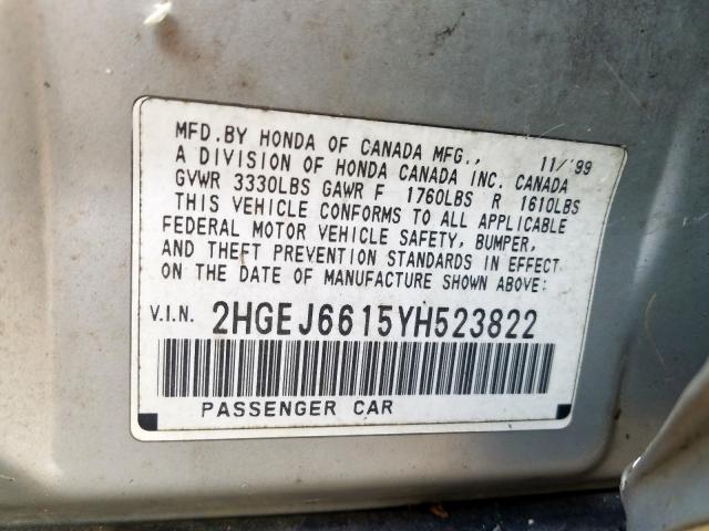 2HGEJ6615YH523822 - 2000 HONDA CIVIC BASE  foto 10