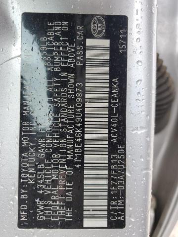 4T1BE46K49U409873 - 2009 TOYOTA CAMRY BASE SILVER photo 12
