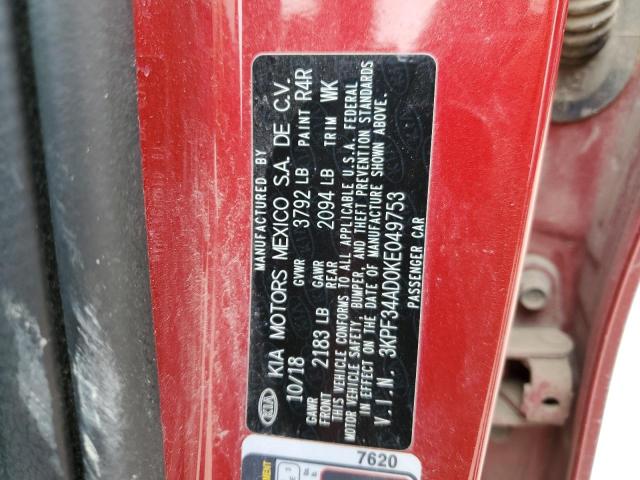 3KPF34AD0KE049753 - 2019 KIA FORTE GT LINE RED photo 12