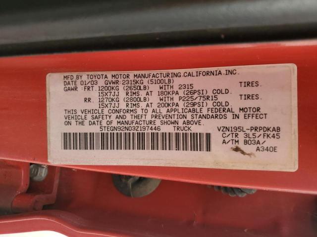 5TEGN92N03Z197446 - 2003 TOYOTA TACOMA DOUBLE CAB PRERUNNER RED photo 12
