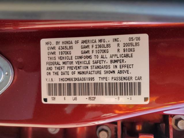 1HGCM663X6A061995 - 2006 HONDA ACCORD LX RED photo 13