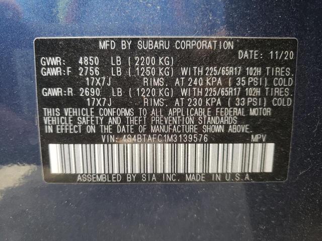 4S4BTAFC1M3139576 - 2021 SUBARU OUTBACK PREMIUM BLUE photo 13