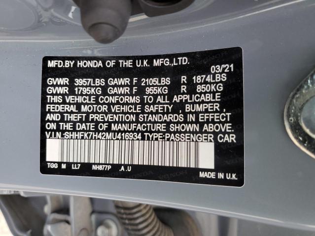 SHHFK7H42MU416934 - 2021 HONDA CIVIC SPORT 蓝色 照片 13