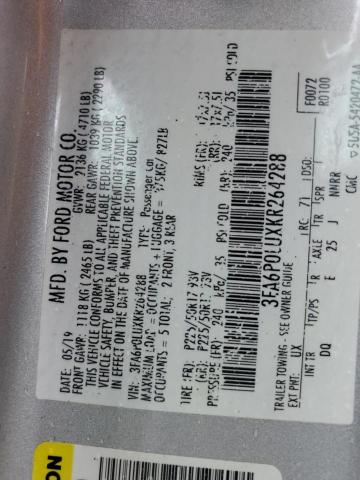 3FA6P0LUXKR264288 - 2019 FORD FUSION SE 银色 照片 13