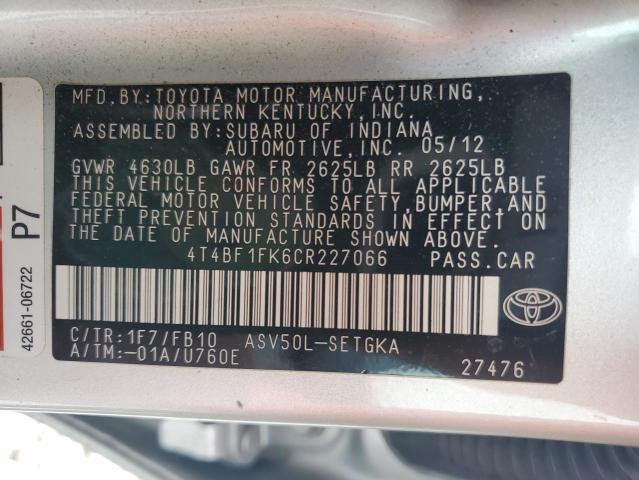 4T4BF1FK6CR227066 - 2012 TOYOTA CAMRY BASE SILVER photo 12