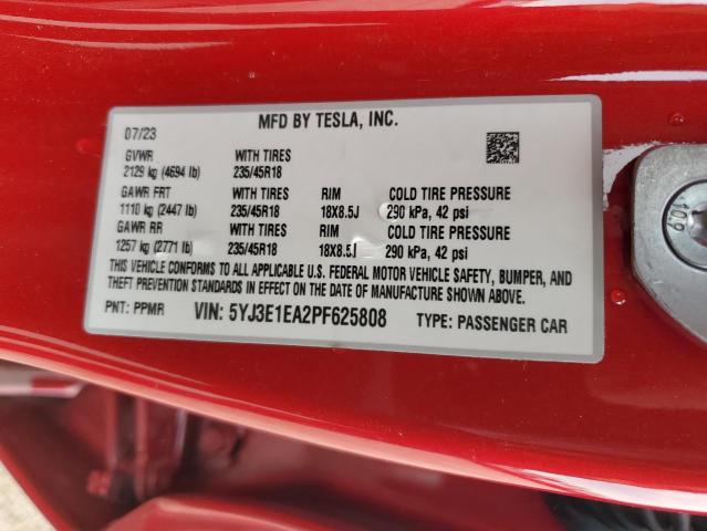 5YJ3E1EA2PF625808 - 2023 TESLA MODEL 3 RED photo 13