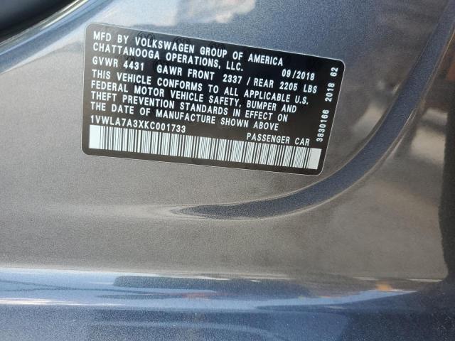 1VWLA7A3XKC001733 - 2019 VOLKSWAGEN PASSAT WOLFSBURG GRAY photo 12