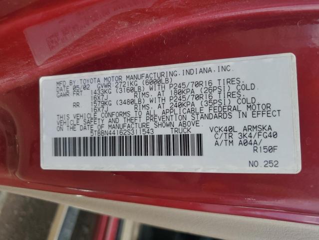 5TBBN44162S311543 - 2002 TOYOTA TUNDRA ACCESS CAB SR5 RED photo 12