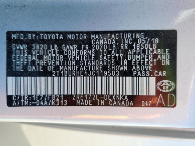 2T1BURHE4JC119503 - 2018 TOYOTA COROLLA L SILVER photo 12