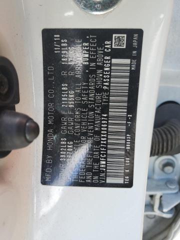 JHMFC1F7XKX006974 - 2019 HONDA CIVIC EXL თეთრი ფოტო 12