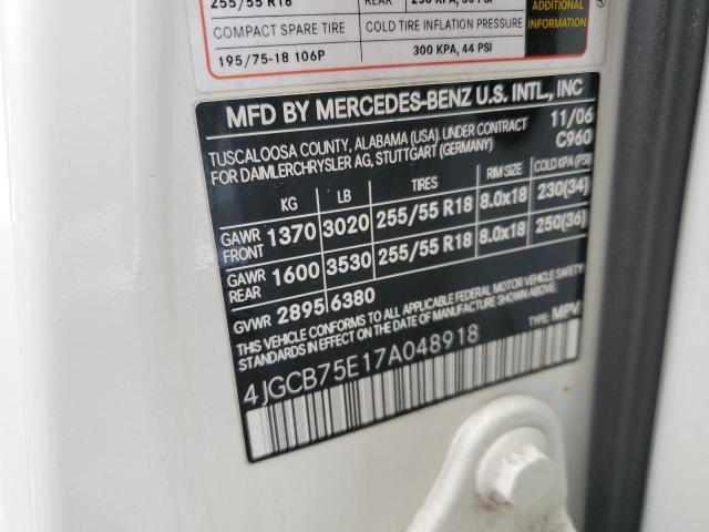 4JGCB75E17A048918 - 2007 MERCEDES-BENZ R 500 WHITE photo 13