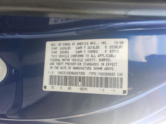 1HGCS12839A007355 - 2009 HONDA ACCORD EXL BLUE photo 10