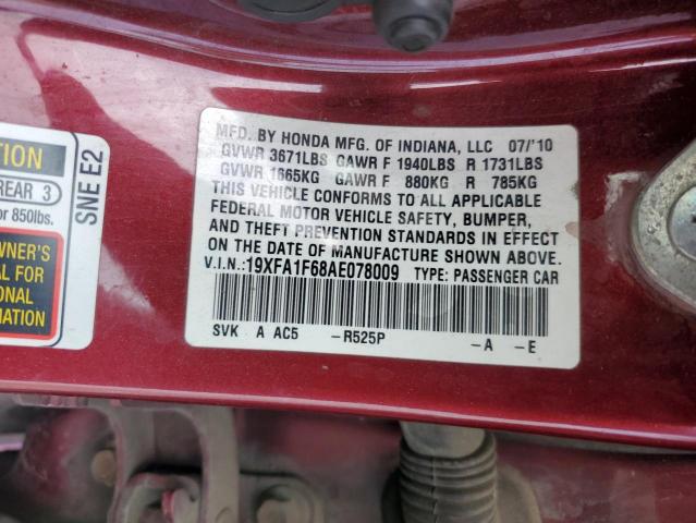19XFA1F68AE078009 - 2010 HONDA CIVIC LX-S BURGUNDY photo 12