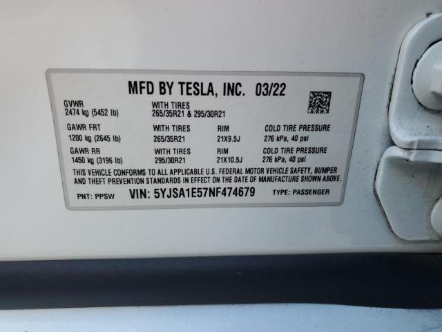 5YJSA1E57NF474679 - 2022 TESLA MODEL S WHITE photo 12