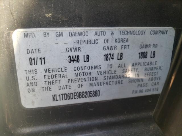 KL1TD6DE9BB205860 - 2011 CHEVROLET AVEO LS 黑色 照片 10