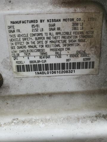 1N4DL01D61C208321 - 2001 NISSAN ALTIMA XE WHITE photo 12