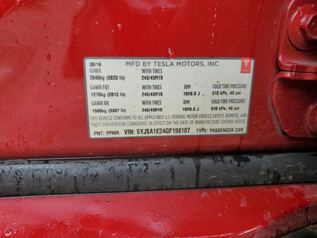 5YJSA1E24GF156107 - 2016 TESLA MODEL S RED photo 12