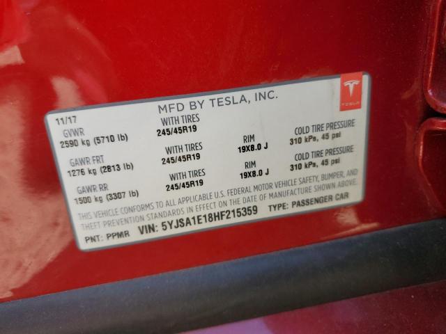 5YJSA1E18HF215359 - 2017 TESLA MODEL S წითელი ფოტო 13