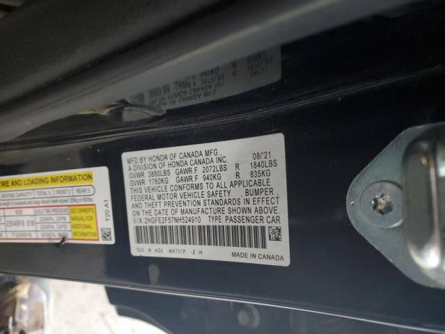 2HGFE2F57NH524910 - 2022 HONDA CIVIC SPORT 黑色 照片 12