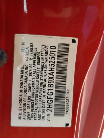 2HGFG1B9XAH525010 - 2010 HONDA CIVIC EXL 红色 照片 12