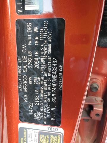 3KPF24AD3NE483432 - 2022 KIA FORTE FE ORANGE photo 13