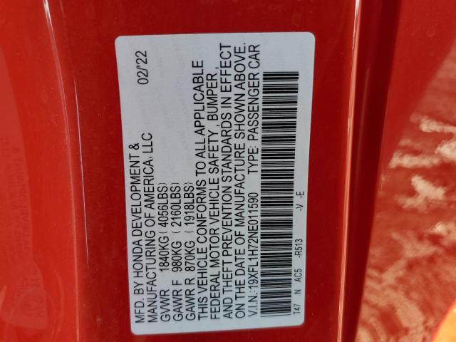 19XFL1H72NE011590 - 2022 HONDA CIVIC EXL RED photo 13