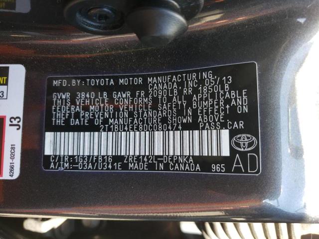 2T1BU4EE8DC080474 - 2013 TOYOTA COROLLA BASE GRAY photo 10