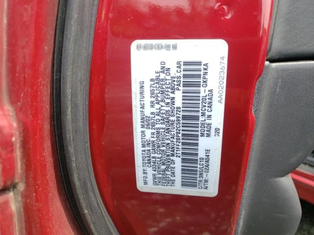 2T1FF28P82C599728 - 2002 TOYOTA CAMRY SOLA SE RED photo 12