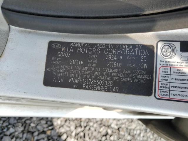 KNAFE121785502328 - 2008 KIA SPECTRA EX SILVER photo 12