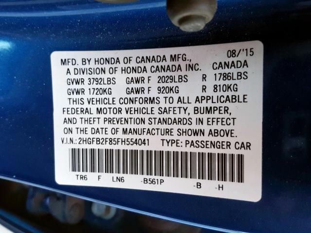 2HGFB2F85FH554041 - 2015 HONDA CIVIC EX  photo 10