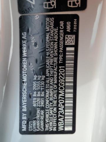 WBA73AP07MCG92201 - 2021 BMW 430XI WHITE photo 12