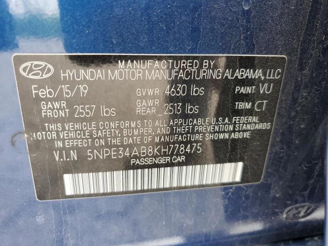 5NPE34AB8KH778475 - 2019 HYUNDAI SONATA LIMITED TURBO BLUE photo 10