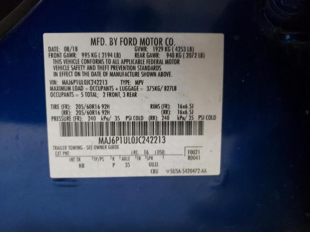 MAJ6P1UL0JC242213 - 2018 FORD ECOSPORT SE BLUE photo 13